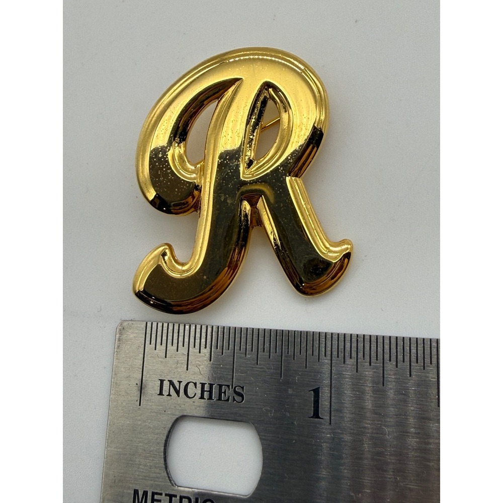 Gold Tone Cursive Letter R Initial Brooch Pin Polished Monogram Name Accessory - Picture 3 of 4